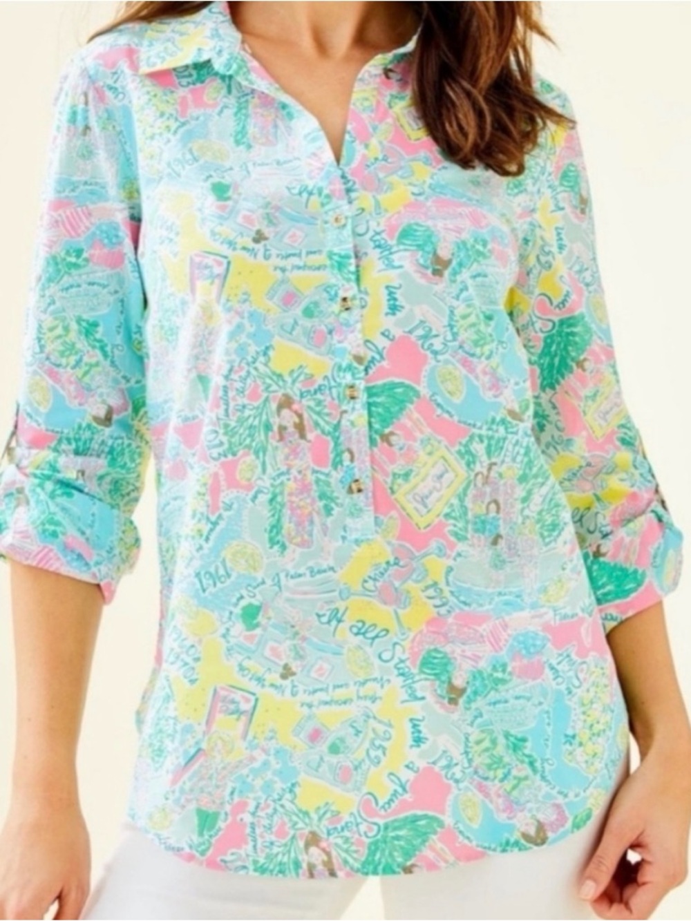 Lilly Pulitzer Captiva Tunic Button Up Shirt/Coverup In "In The Beginning" Print